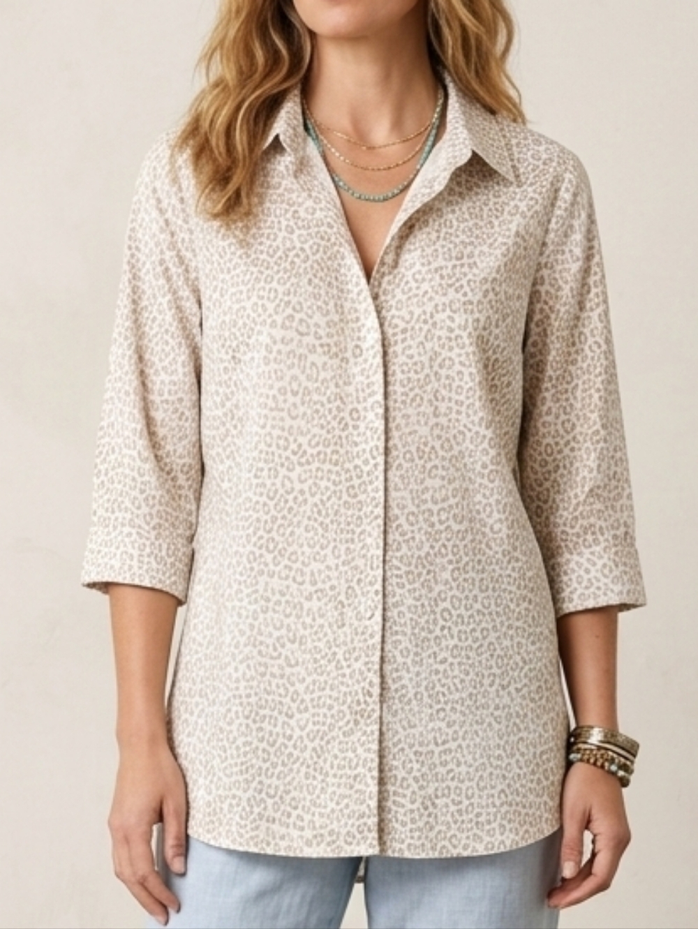 Chico's Neutral Leopard Print No-Iron Tunic Button Down Size 2 Large